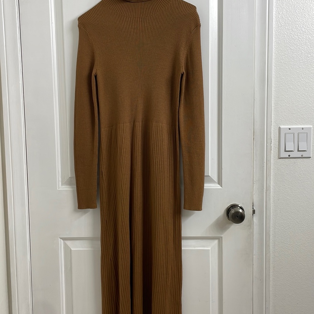 cute brown comfy midi dress, turtle neck